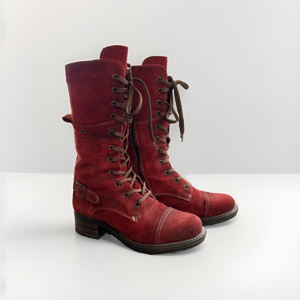 TAOS Tall Crave Garnet Rugged  Red Suede Lace Up Side Zip Boots US7-7.5 EU38
